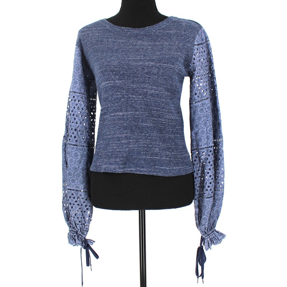 See by Chloé Eyelet Balloon Sleeve Ribbed Blue Sweater Knit Indigo Blue Cotton S